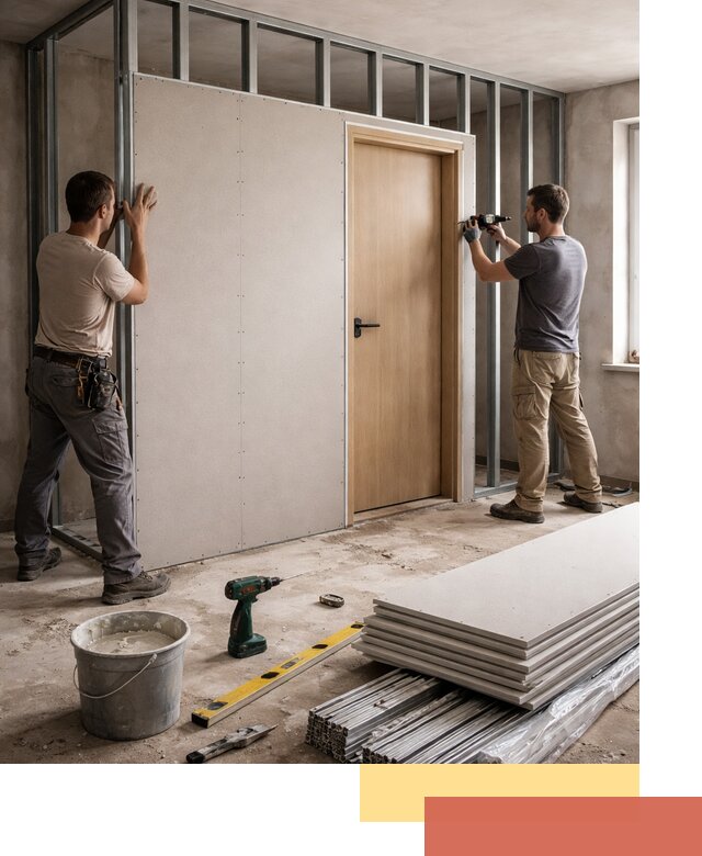 Перегородка из гипсокартона с дверью под ключ в Касимове