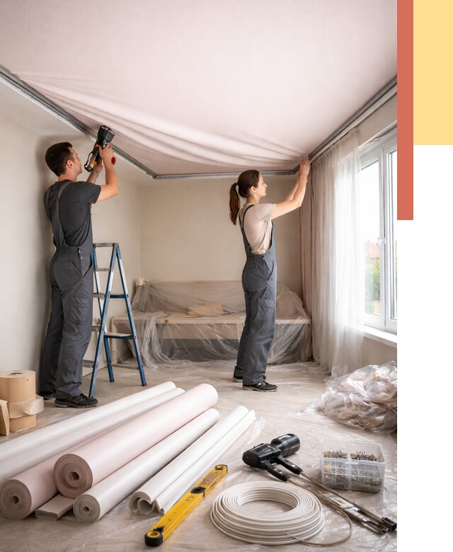 Монтаж цветного натяжного потолка в Касимове от 4567 руб/м² — быстро и недорого | ОТДЕЛОЧНИК-Ксм