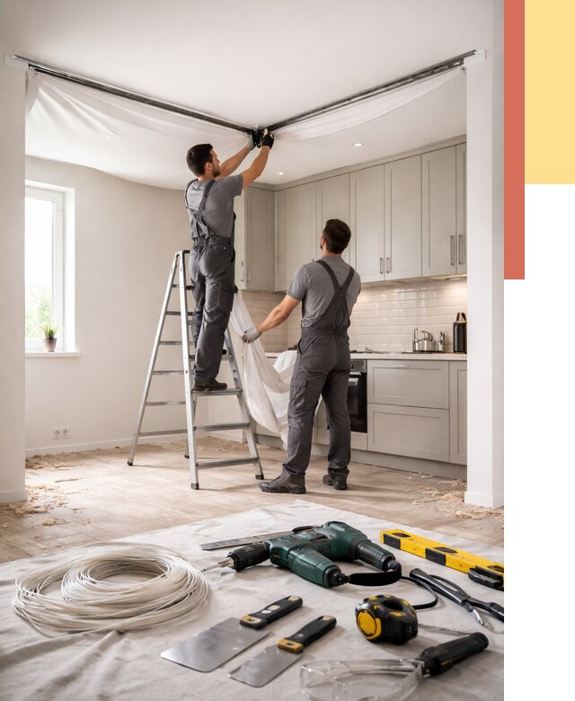 Установка натяжного потолка на кухне в Касимове от 2610 руб. | ОТДЕЛОЧНИК-Ксм